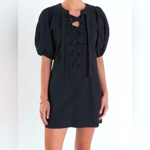 NWT ENGLISH FACTORY Black Laced-up Puff Sleeve Mini  Dress Sz Medium Cotton